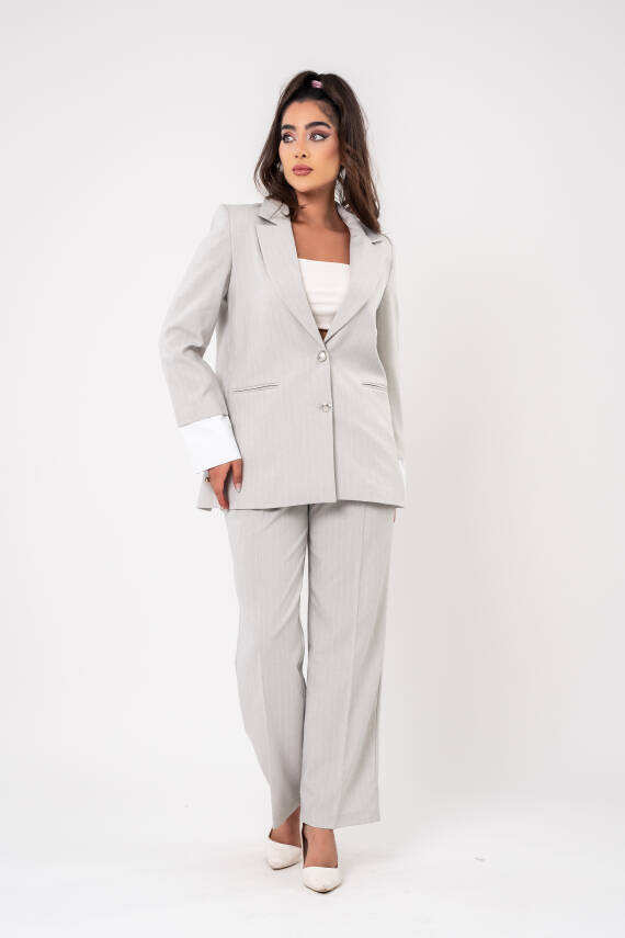 Asmetrik Kesim Gömlek Deteylı Blazer Ceket Pantolon Takım TKM08013 - 2