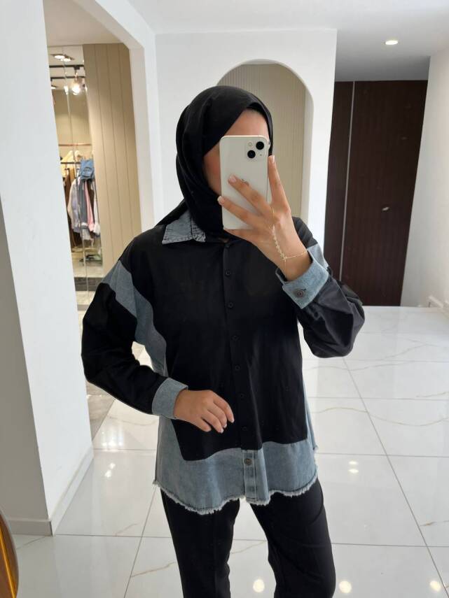 Basıc Parça Detaylı Oversize Denim Gömlek GMK16017 - 1