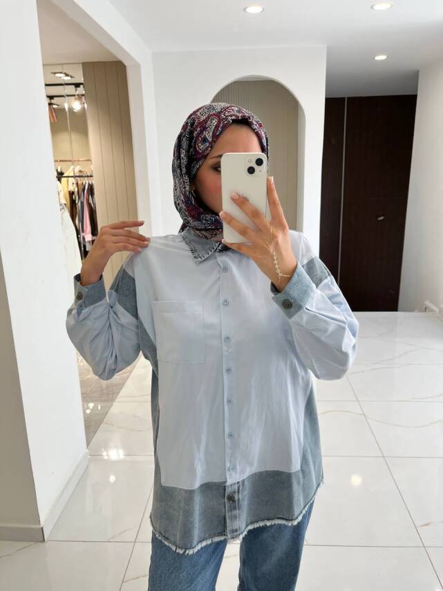 Basıc Parça Detaylı Oversize Denim Gömlek GMK16017 - 2