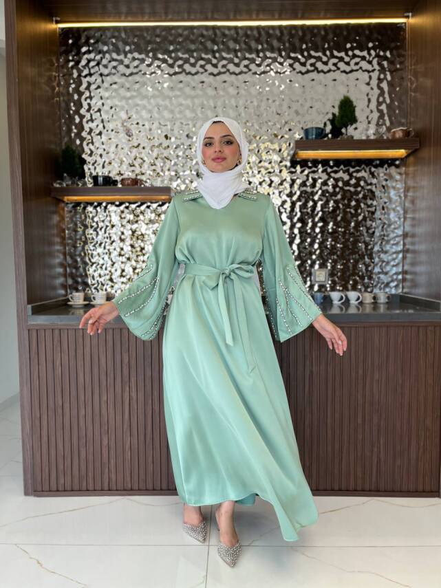 Boyun Taş İşlemli Kemer Aksesurlı Elbise S16044 - 7