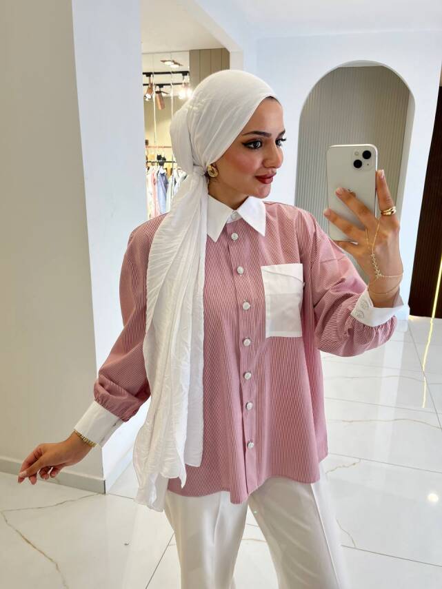 Cep Detaylı Çizgili Basıc Gömlek GMK16035 - 1