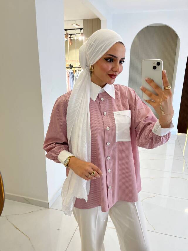 Cep Detaylı Çizgili Basıc Gömlek GMK16035 - 2