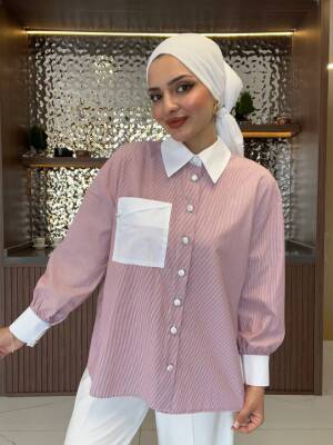 Cep Detaylı Çizgili Basıc Gömlek GMK16035 - 6