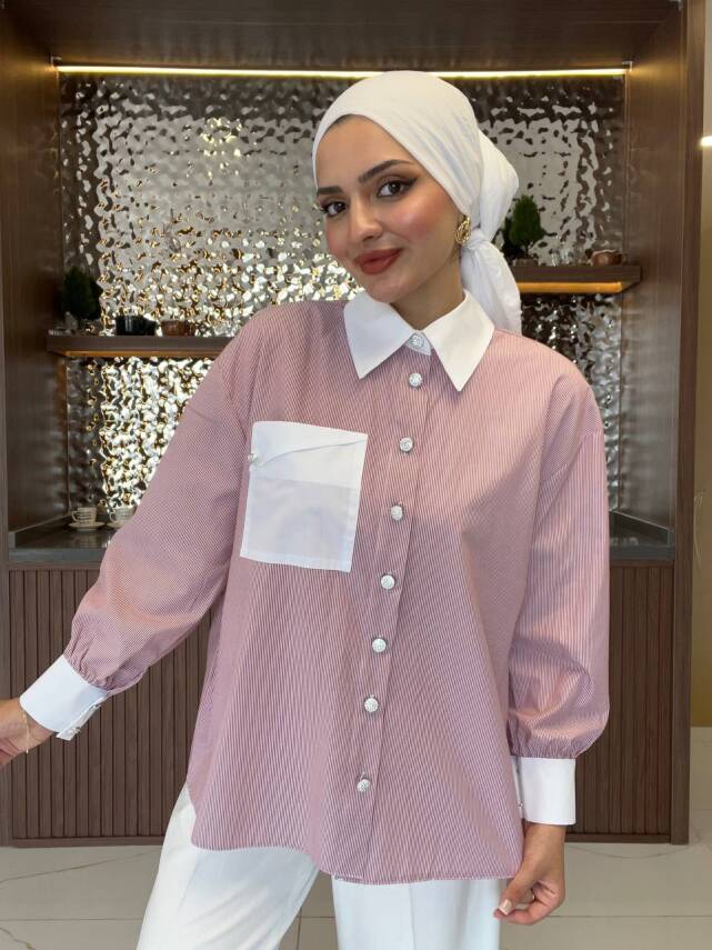 Cep Detaylı Çizgili Basıc Gömlek GMK16035 - 6