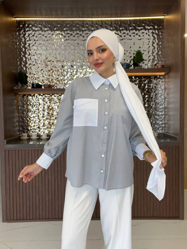 Cep Detaylı Çizgili Basıc Gömlek GMK16035 - 14