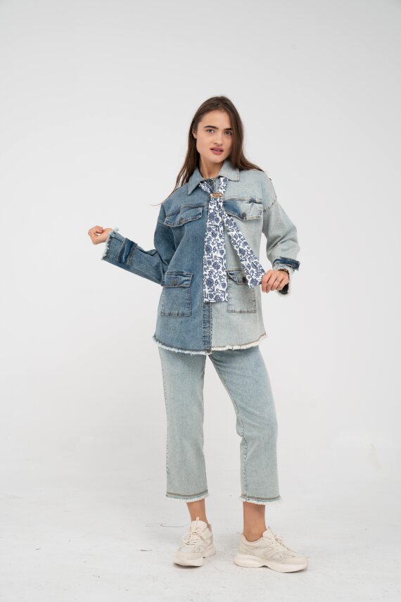 Çift Renk Basıc Kol Aksesurlı Cep Detaylı Paça Püskül Pantolon Gömlek Takım TKM16019 - 1