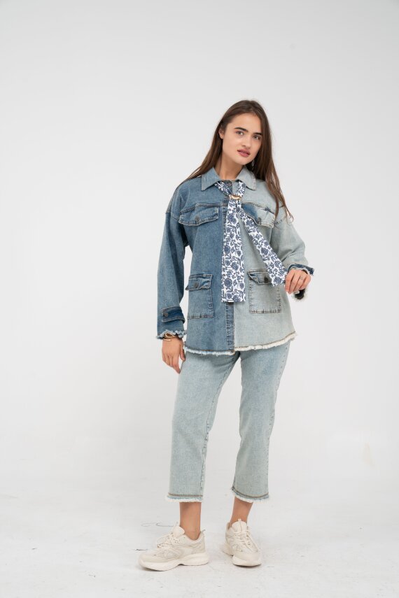 Çift Renk Basıc Kol Aksesurlı Cep Detaylı Paça Püskül Pantolon Gömlek Takım TKM16019 - 2