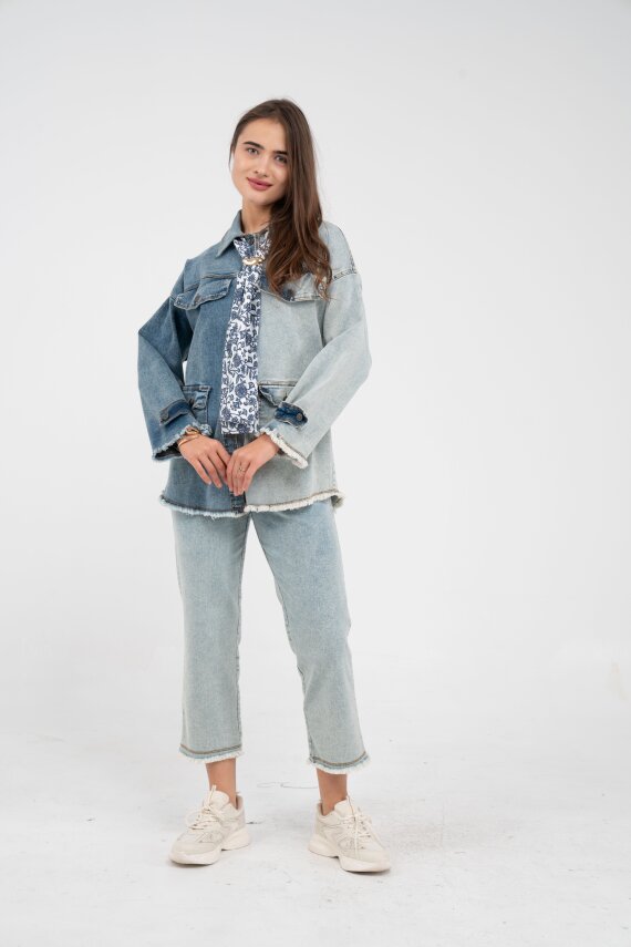 Çift Renk Basıc Kol Aksesurlı Cep Detaylı Paça Püskül Pantolon Gömlek Takım TKM16019 - 8