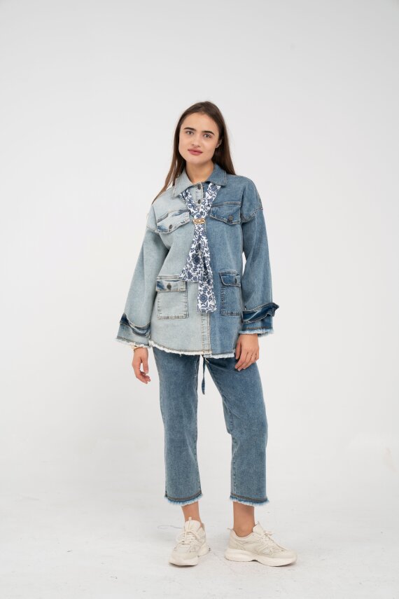 Çift Renk Basıc Kol Aksesurlı Cep Detaylı Paça Püskül Pantolon Gömlek Takım TKM16019 - 3