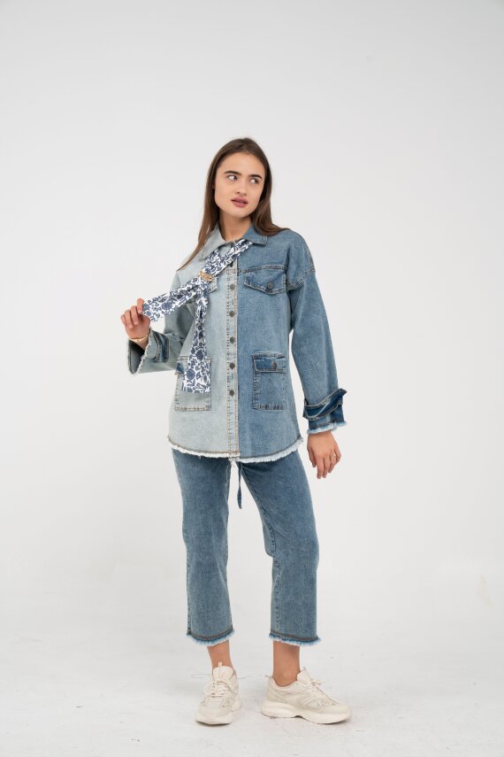 Çift Renk Basıc Kol Aksesurlı Cep Detaylı Paça Püskül Pantolon Gömlek Takım TKM16019 - 2