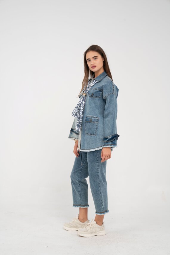 Çift Renk Basıc Kol Aksesurlı Cep Detaylı Paça Püskül Pantolon Gömlek Takım TKM16019 - 6