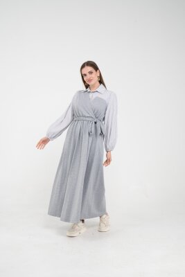 Çizgili Gömlek Detaylı Kuşaklı Elbise Takım K8059 - SASİLVA