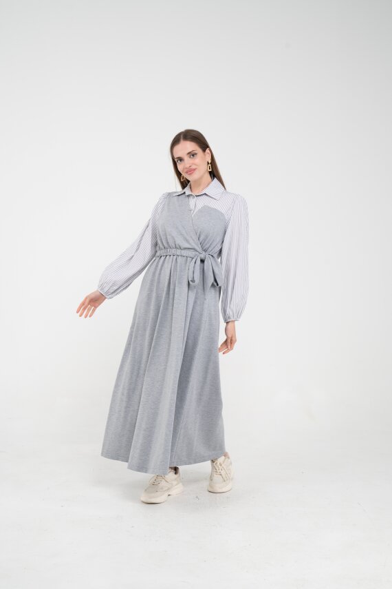 Çizgili Gömlek Detaylı Kuşaklı Elbise Takım K8059 - 1