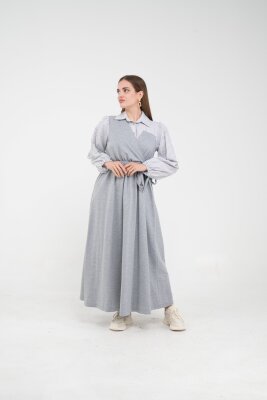 Çizgili Gömlek Detaylı Kuşaklı Elbise Takım K8059 - 2