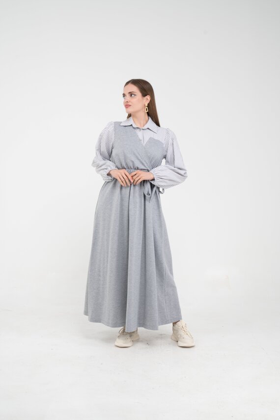 Çizgili Gömlek Detaylı Kuşaklı Elbise Takım K8059 - 2