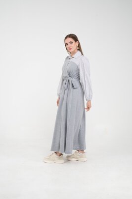 Çizgili Gömlek Detaylı Kuşaklı Elbise Takım K8059 - 3