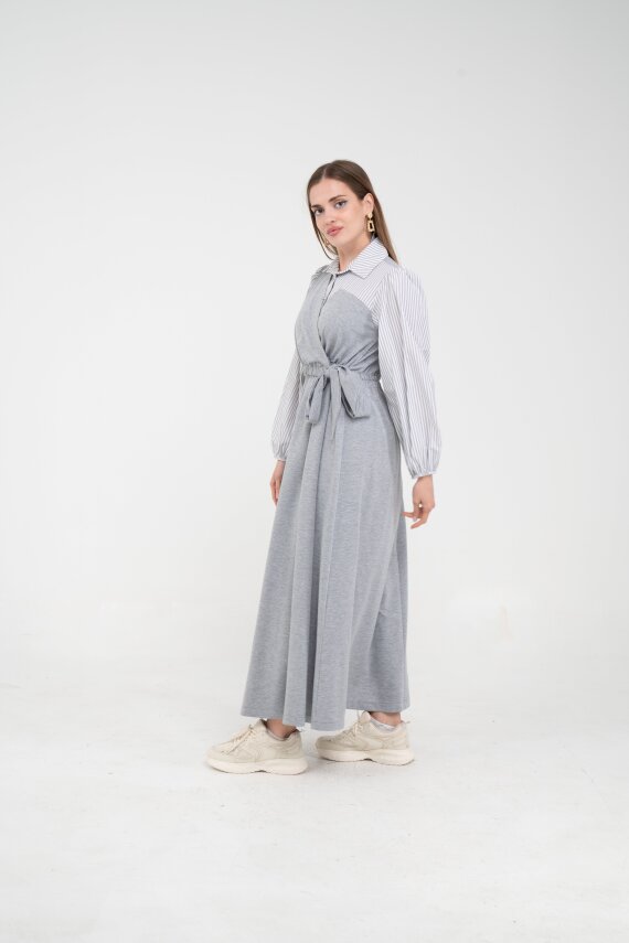 Çizgili Gömlek Detaylı Kuşaklı Elbise Takım K8059 - 3