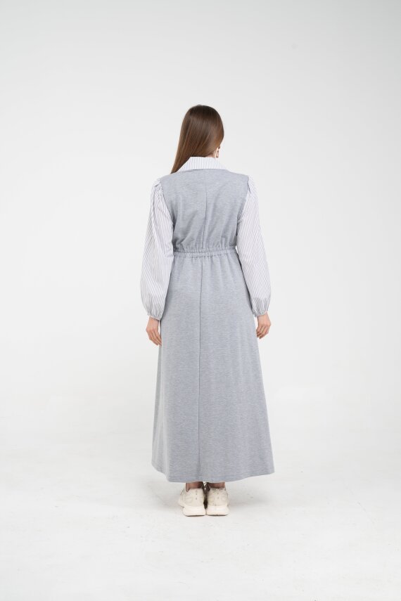 Çizgili Gömlek Detaylı Kuşaklı Elbise Takım K8059 - 6