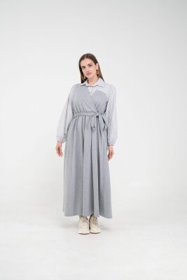 Çizgili Gömlek Detaylı Kuşaklı Elbise Takım K8059 - 5