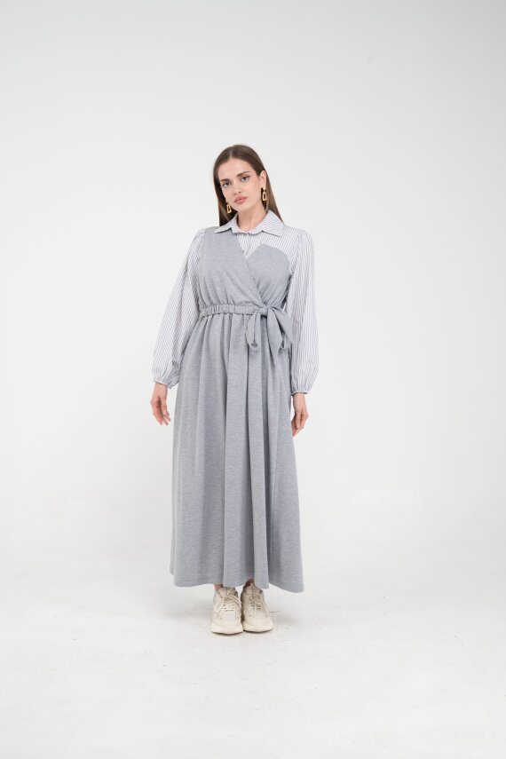 Çizgili Gömlek Detaylı Kuşaklı Elbise Takım K8059 - 5