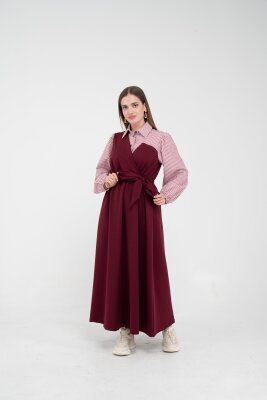 Çizgili Gömlek Detaylı Kuşaklı Elbise Takım K8059 - 7