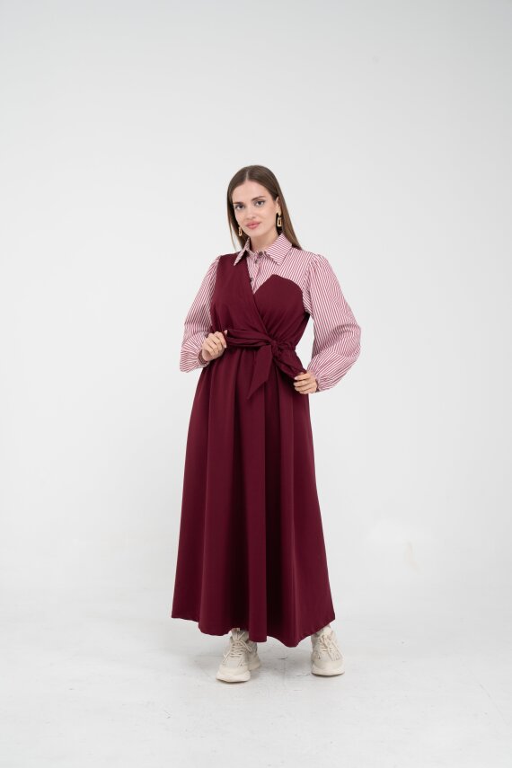 Çizgili Gömlek Detaylı Kuşaklı Elbise Takım K8059 - 7