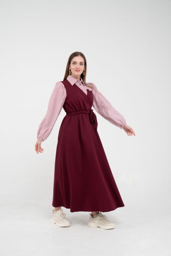 Çizgili Gömlek Detaylı Kuşaklı Elbise Takım K8059 - 8