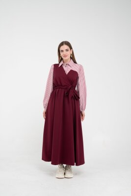 Çizgili Gömlek Detaylı Kuşaklı Elbise Takım K8059 - 11