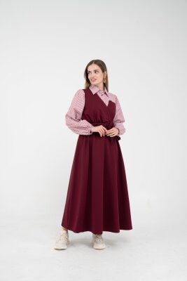 Çizgili Gömlek Detaylı Kuşaklı Elbise Takım K8059 - 12