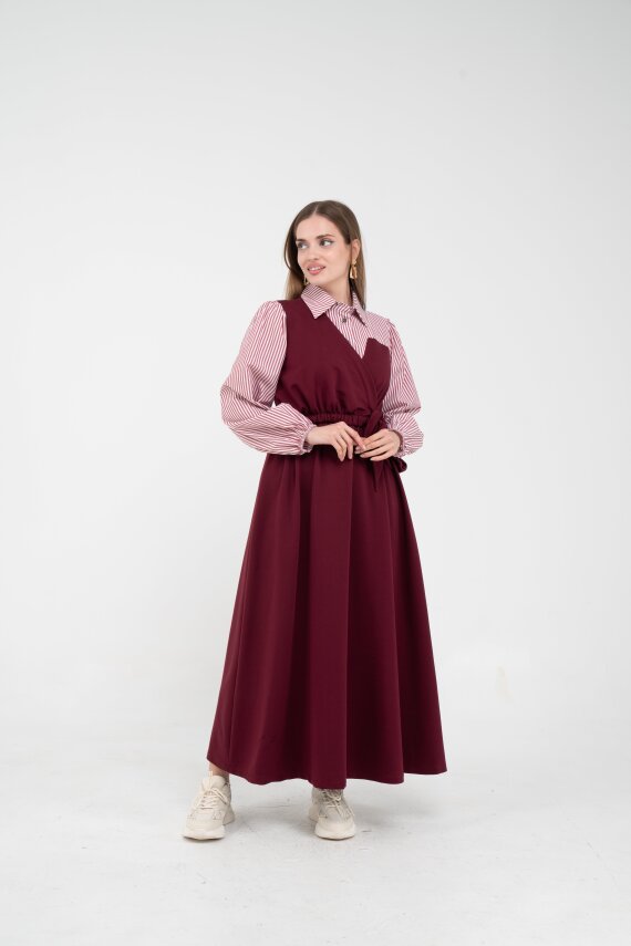 Çizgili Gömlek Detaylı Kuşaklı Elbise Takım K8059 - 12