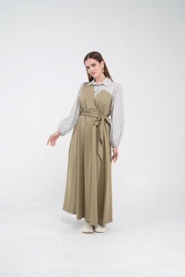 Çizgili Gömlek Detaylı Kuşaklı Elbise Takım K8059 - 14