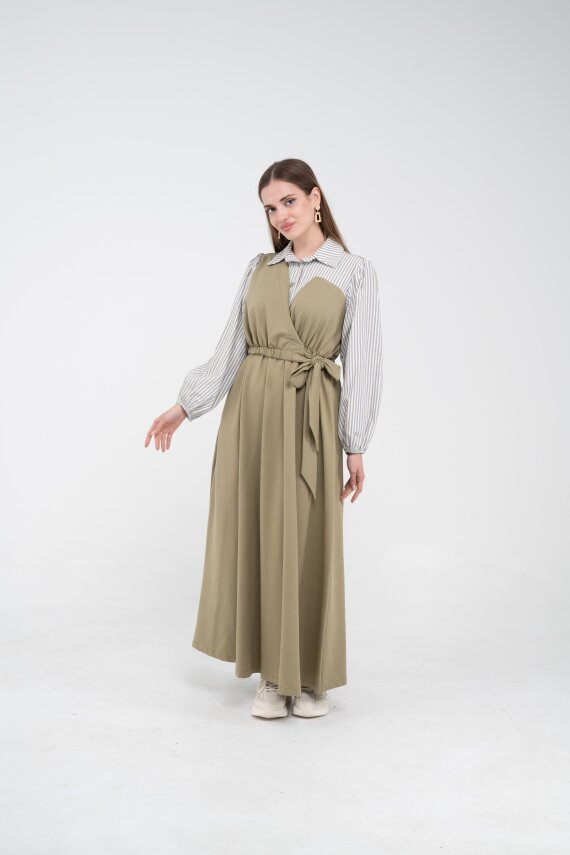 Çizgili Gömlek Detaylı Kuşaklı Elbise Takım K8059 - 14