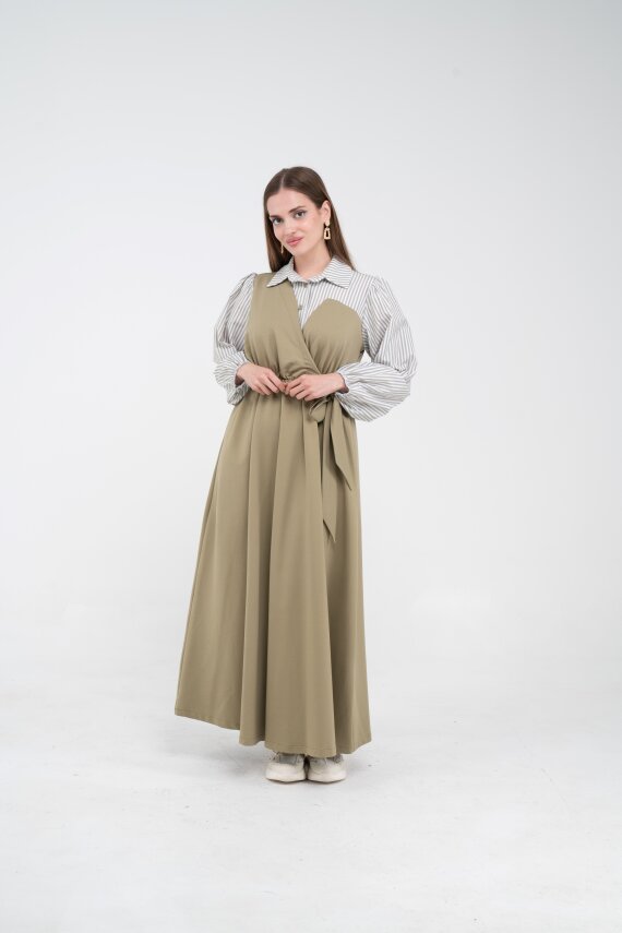 Çizgili Gömlek Detaylı Kuşaklı Elbise Takım K8059 - 15