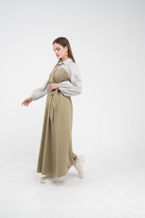 Çizgili Gömlek Detaylı Kuşaklı Elbise Takım K8059 - 16