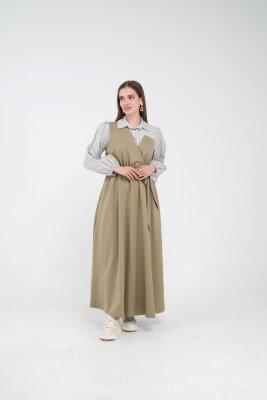 Çizgili Gömlek Detaylı Kuşaklı Elbise Takım K8059 - 17