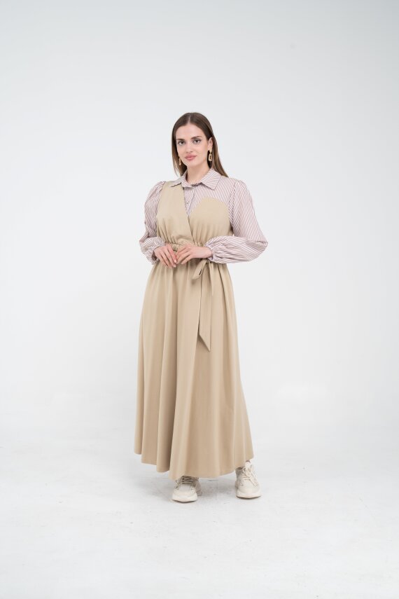 Çizgili Gömlek Detaylı Kuşaklı Elbise Takım K8059 - 19