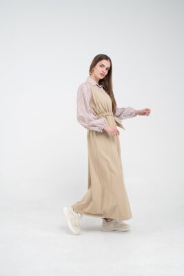 Çizgili Gömlek Detaylı Kuşaklı Elbise Takım K8059 - 20