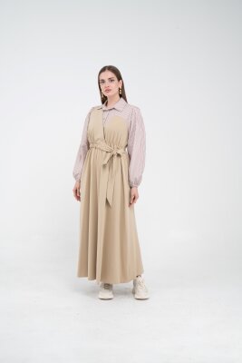 Çizgili Gömlek Detaylı Kuşaklı Elbise Takım K8059 - 21