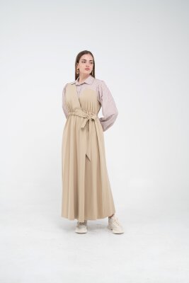 Çizgili Gömlek Detaylı Kuşaklı Elbise Takım K8059 - 22