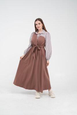 Çizgili Gömlek Detaylı Kuşaklı Elbise Takım K8059 - 24