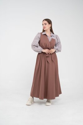 Çizgili Gömlek Detaylı Kuşaklı Elbise Takım K8059 - 25