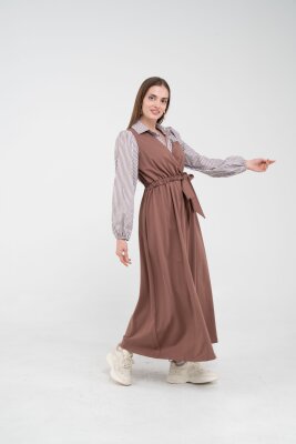 Çizgili Gömlek Detaylı Kuşaklı Elbise Takım K8059 - 26