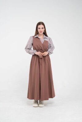 Çizgili Gömlek Detaylı Kuşaklı Elbise Takım K8059 - 28