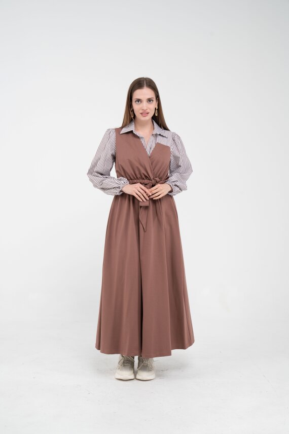 Çizgili Gömlek Detaylı Kuşaklı Elbise Takım K8059 - 28