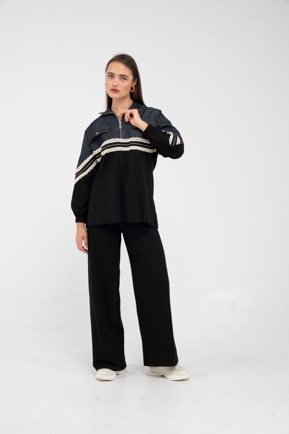 Dantel Şeritli Kot Detaylı İkili Takım K1751 - 1