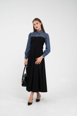 Denim Detaylı Uzun Elbise K1721 - SASİLVA