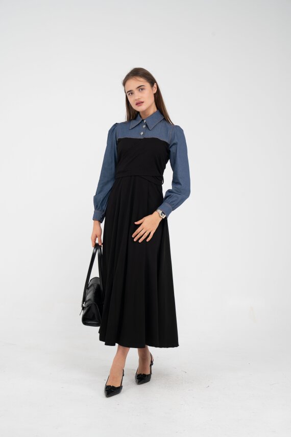 Denim Detaylı Uzun Elbise K1721 - 1