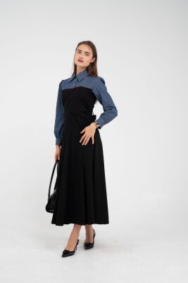 Denim Detaylı Uzun Elbise K1721 - 2