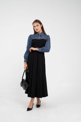 Denim Detaylı Uzun Elbise K1721 - 3