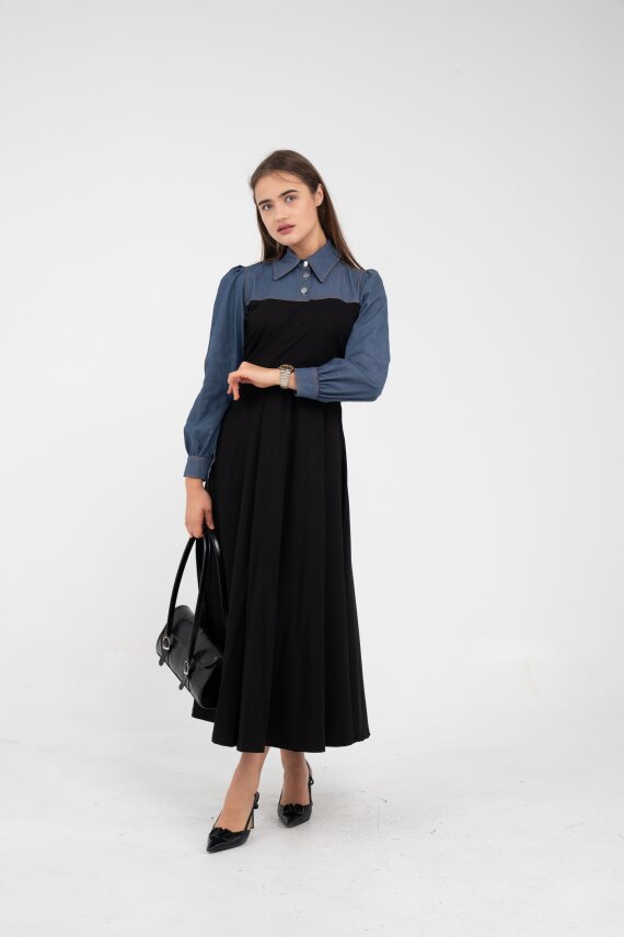 Denim Detaylı Uzun Elbise K1721 - 3